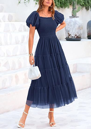 Puff Sleeve Wedding Guest Tiered Maxi Dress for Women