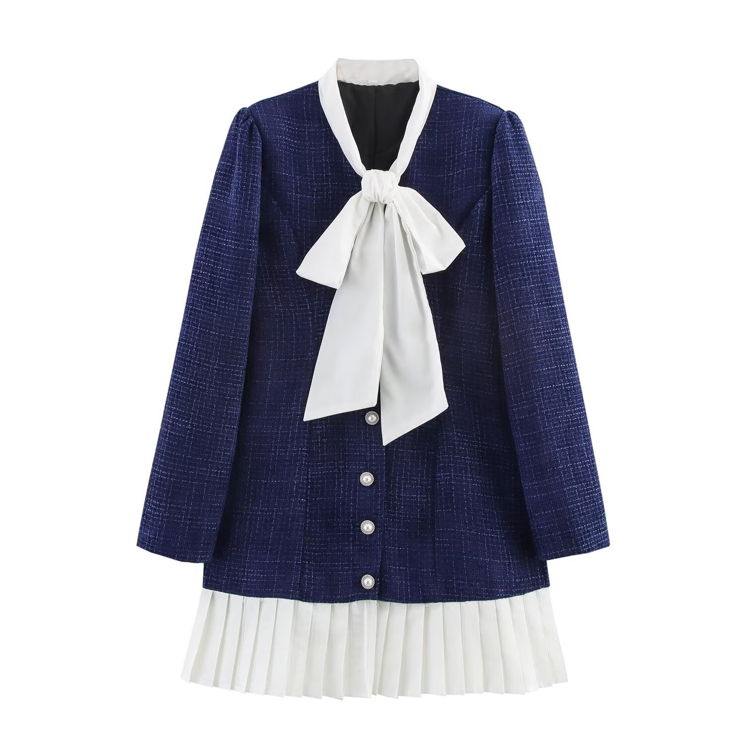 Bow Collar Mini Dress with Pleated Skirt for Women