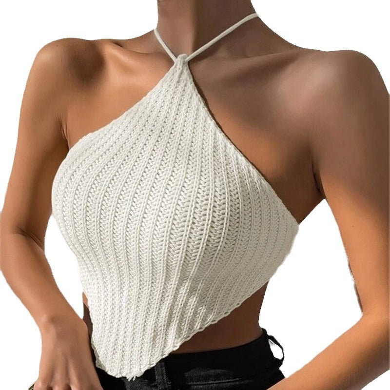 Halter Neck Ribbed Crochet Crop Top for Women