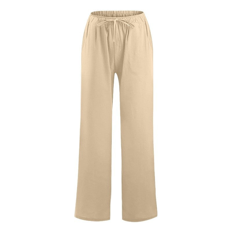 Straight Leg Linen Trousers with Drawstring Waist for Women