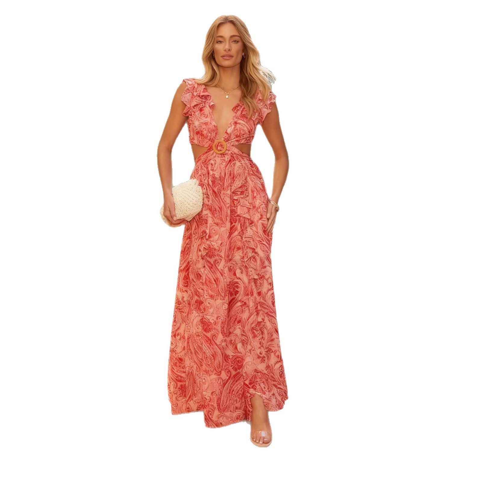 Deep V-Neck Wedding Guest Maxi Dress with Ruffle Details for Women