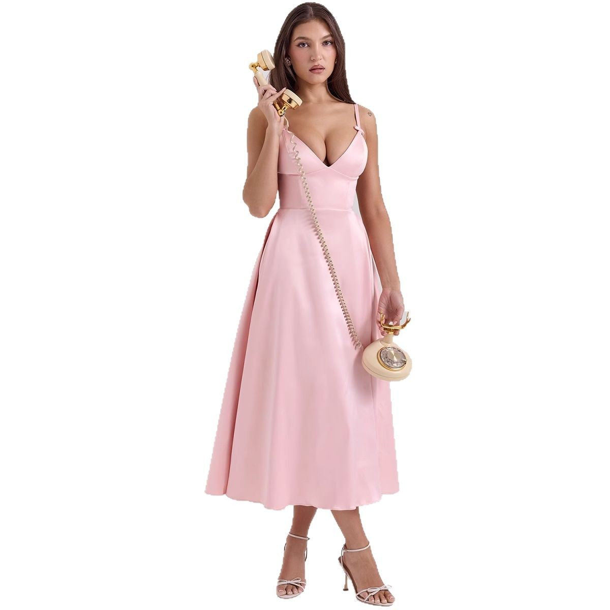 V-Neck Wedding Guest Midi Dress for Women
