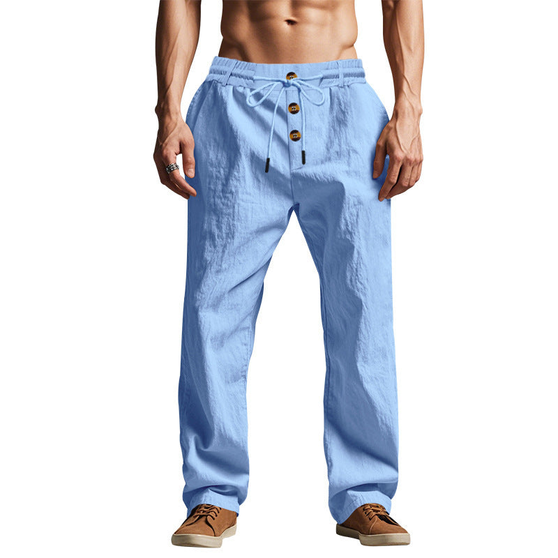 Straight Leg Linen Trousers with Button Details for Men