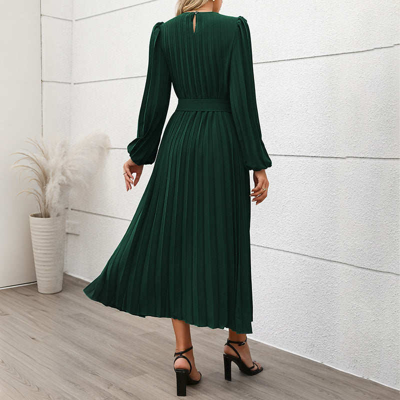 Pleated Midi Dress with Belted Waist and Long Sleeves for Women