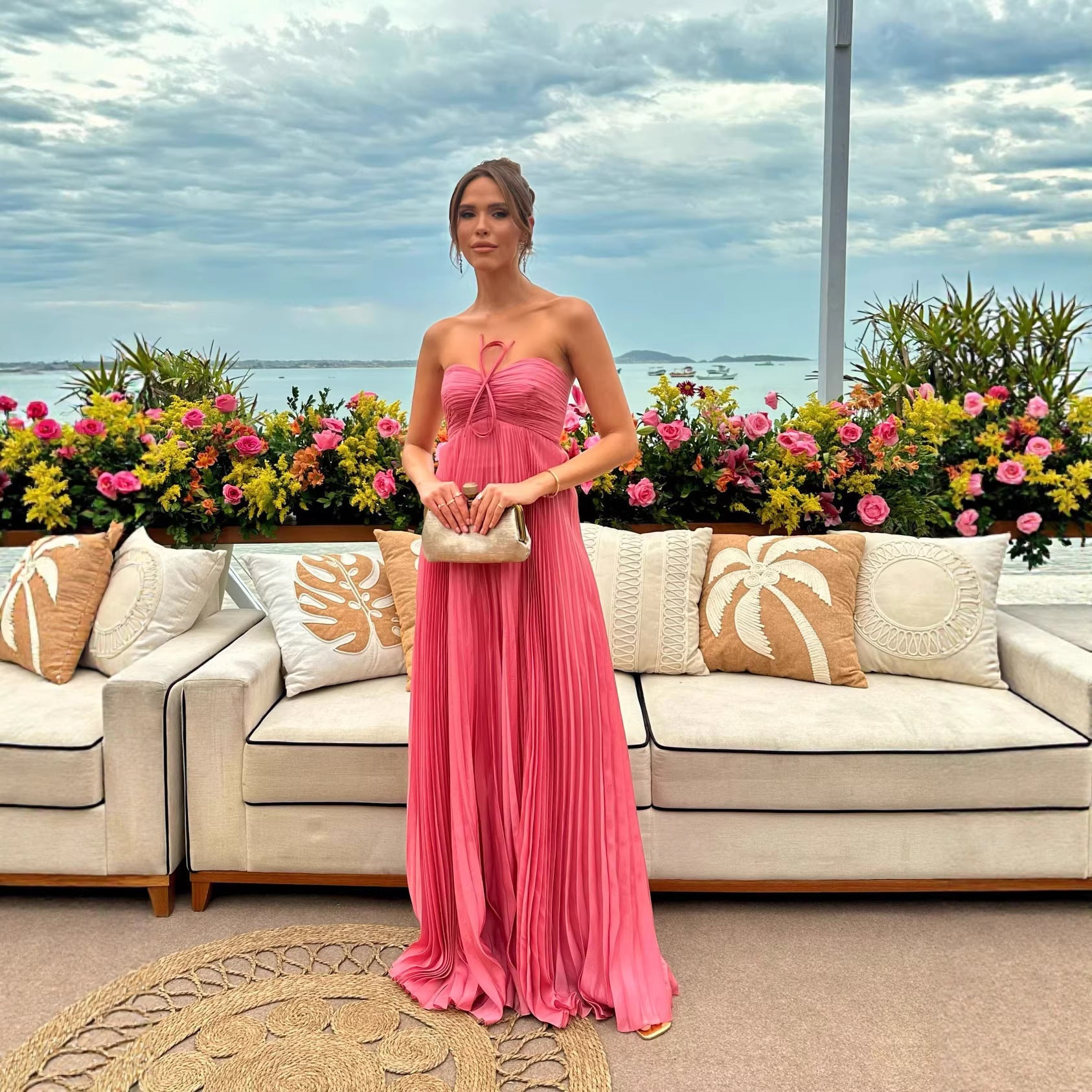 Strapless Pleated Wedding Guest Maxi Dress for Women