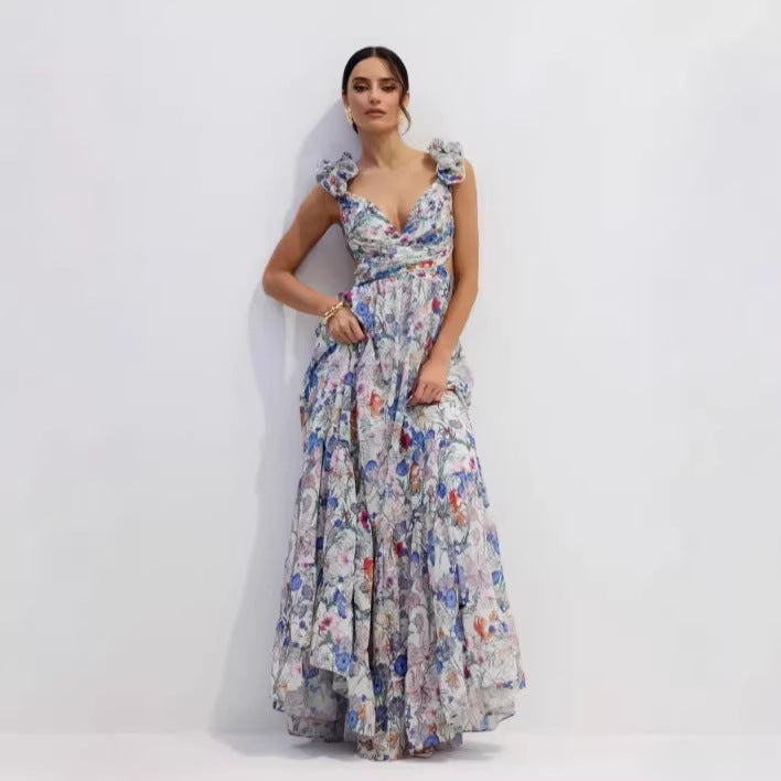 V-Neck Ruffle Wedding Guest Maxi Dress for Women