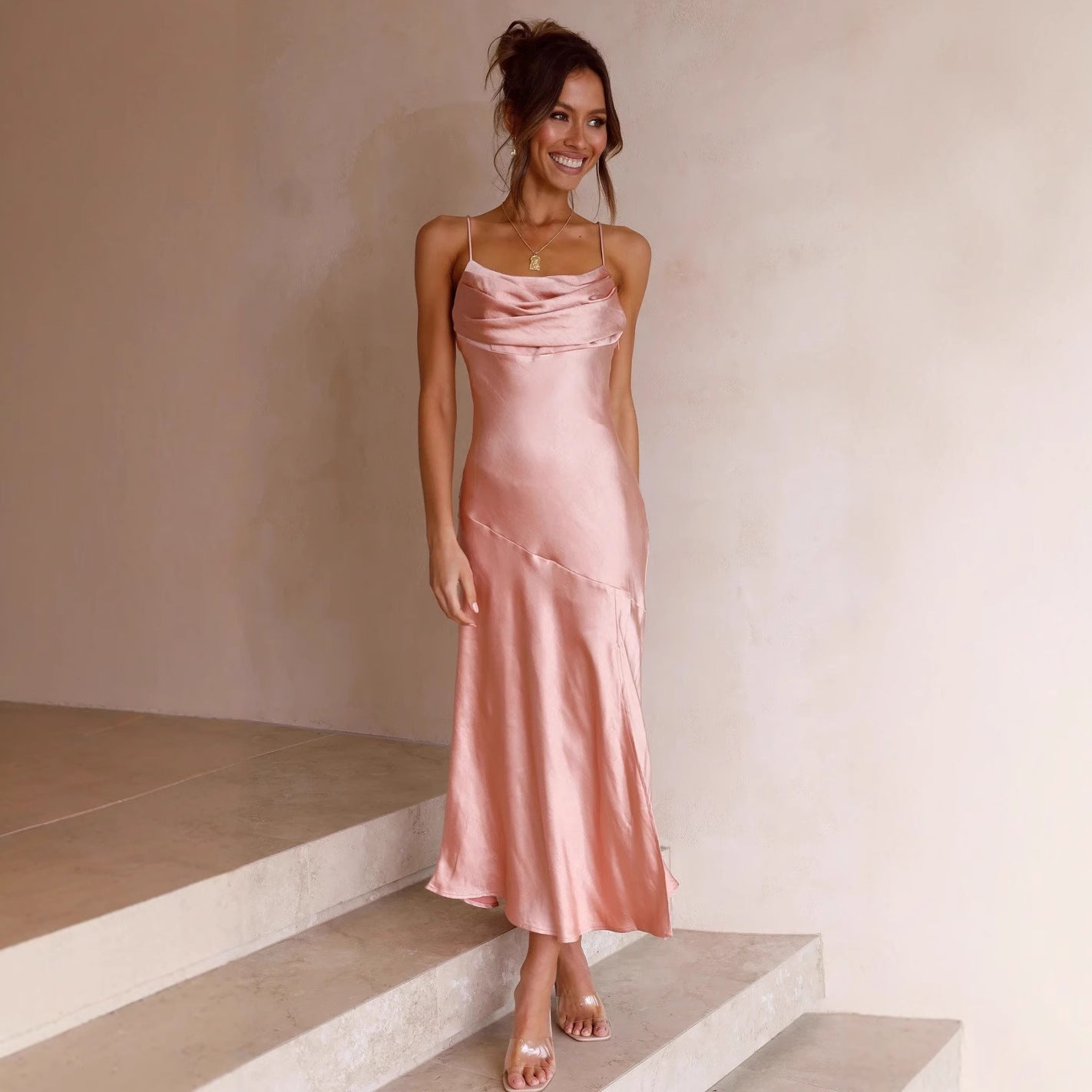 Satin Cowl Neck Maxi Dress with Split for Wedding Guest for Women