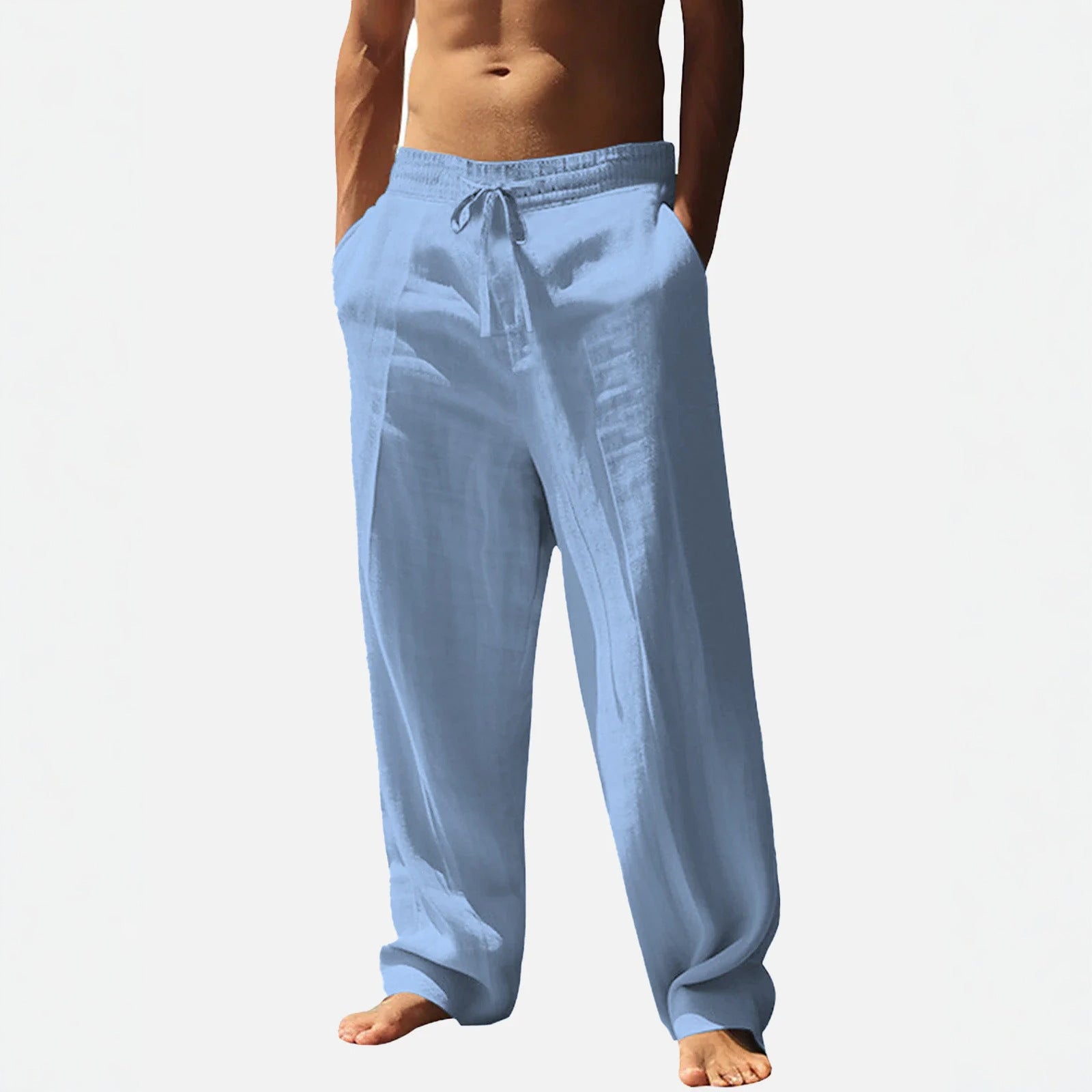 Linen Trousers with Elastic Waistband and Side Pockets for Men