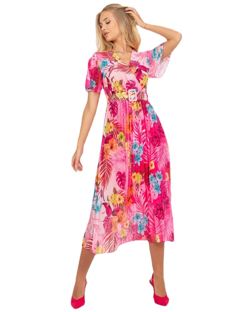 Pleated Floral Maxi Dress with Belt for Women