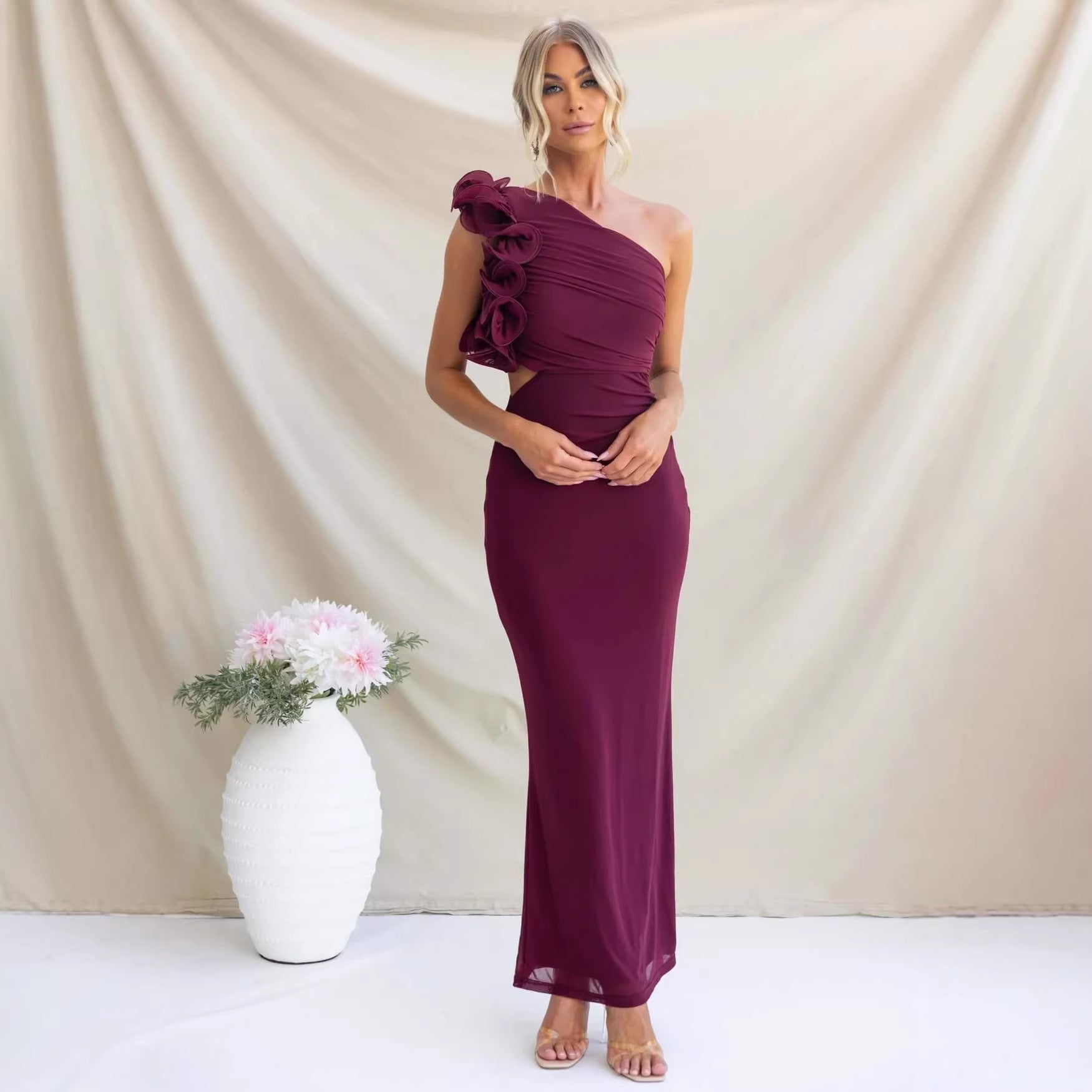 One-Shoulder Ruffled Wedding Guest Maxi Dress for Women