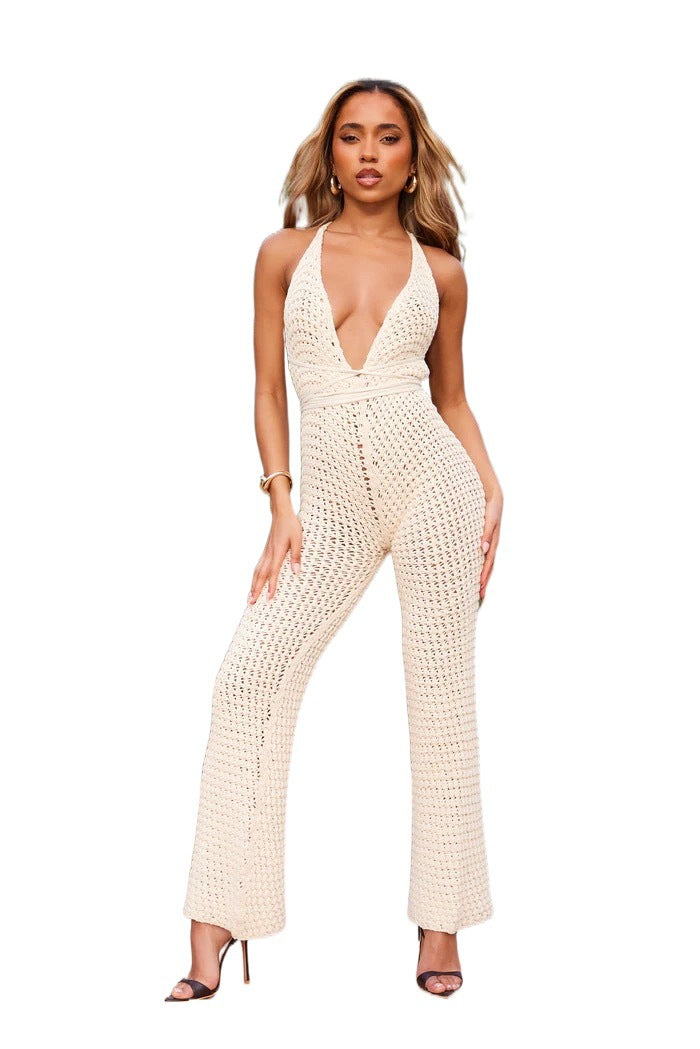 Deep V-Neck Knit Jumpsuit for Women