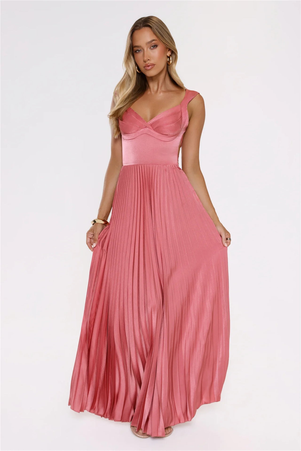 Pleated V-Neck Wedding Guest Maxi Dress for Women