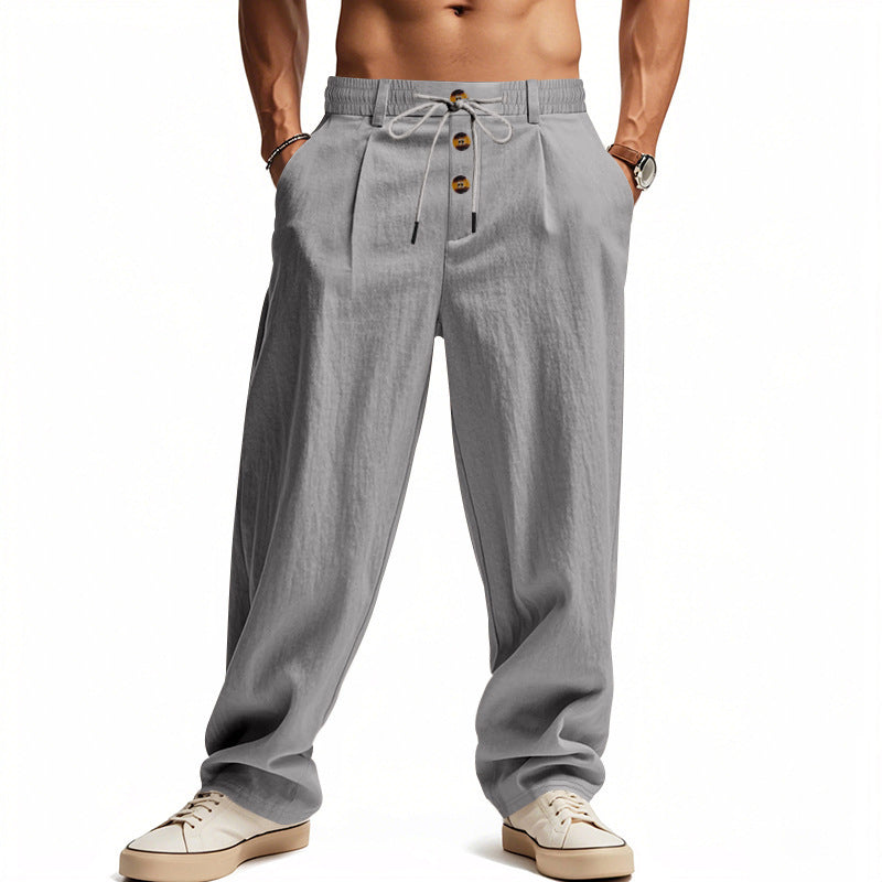 Straight Leg Linen Trousers with Button Waistband for Men
