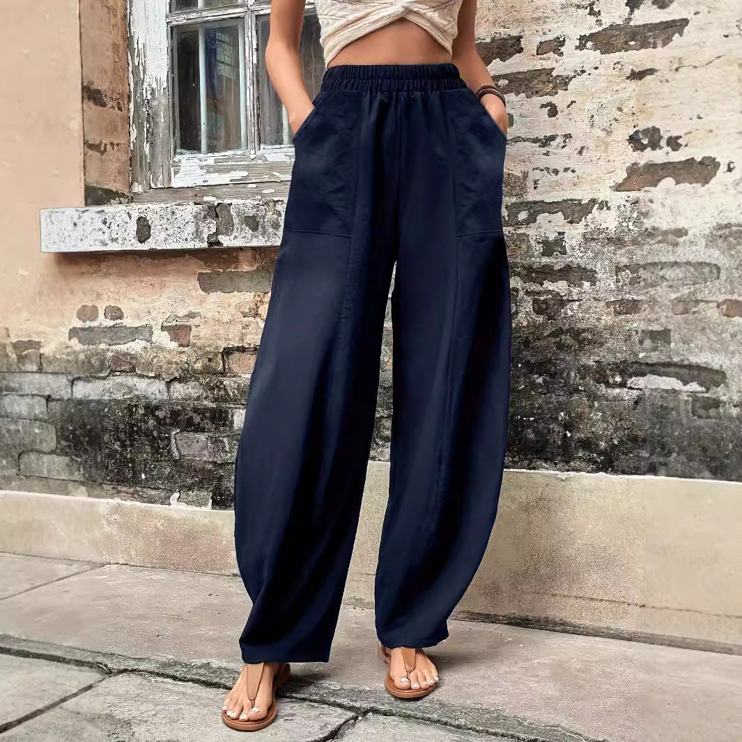 Wide Leg Linen Trousers with Side Pockets for Women