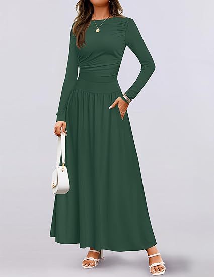 Long Sleeve Wedding Guest Maxi Dress with Pockets for Women