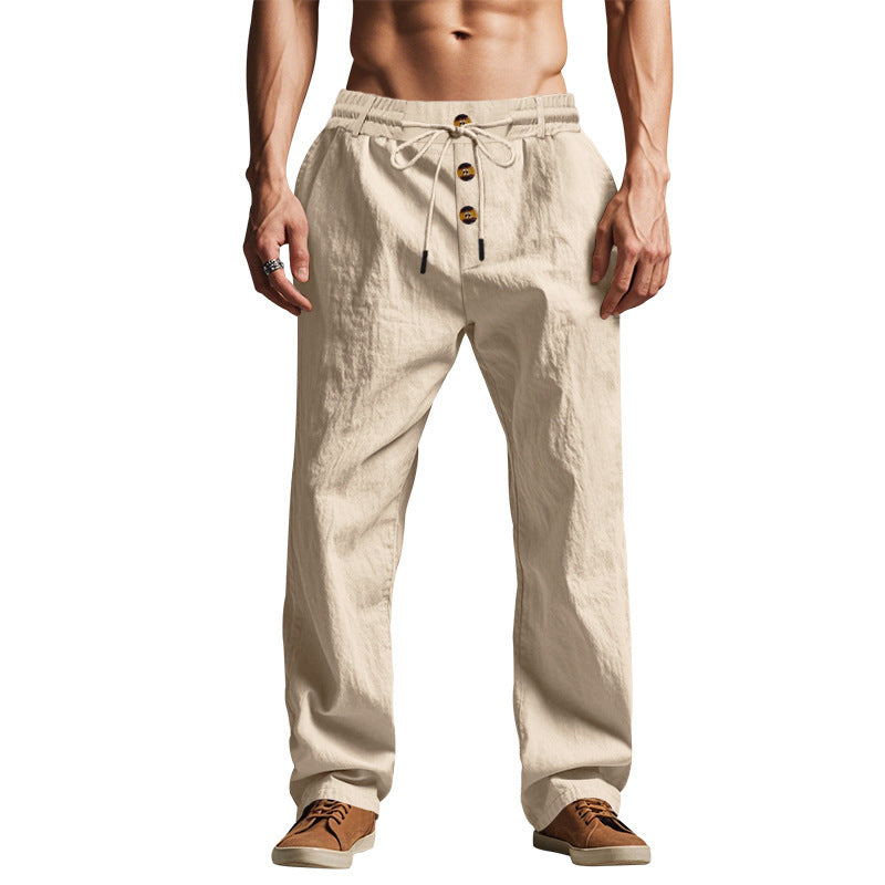 Straight Leg Linen Trousers with Button Details for Men