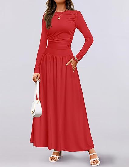 Long Sleeve Wedding Guest Maxi Dress with Pockets for Women