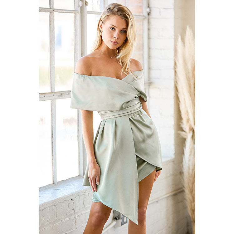 Satin Off-Shoulder Wrap Dress for Women