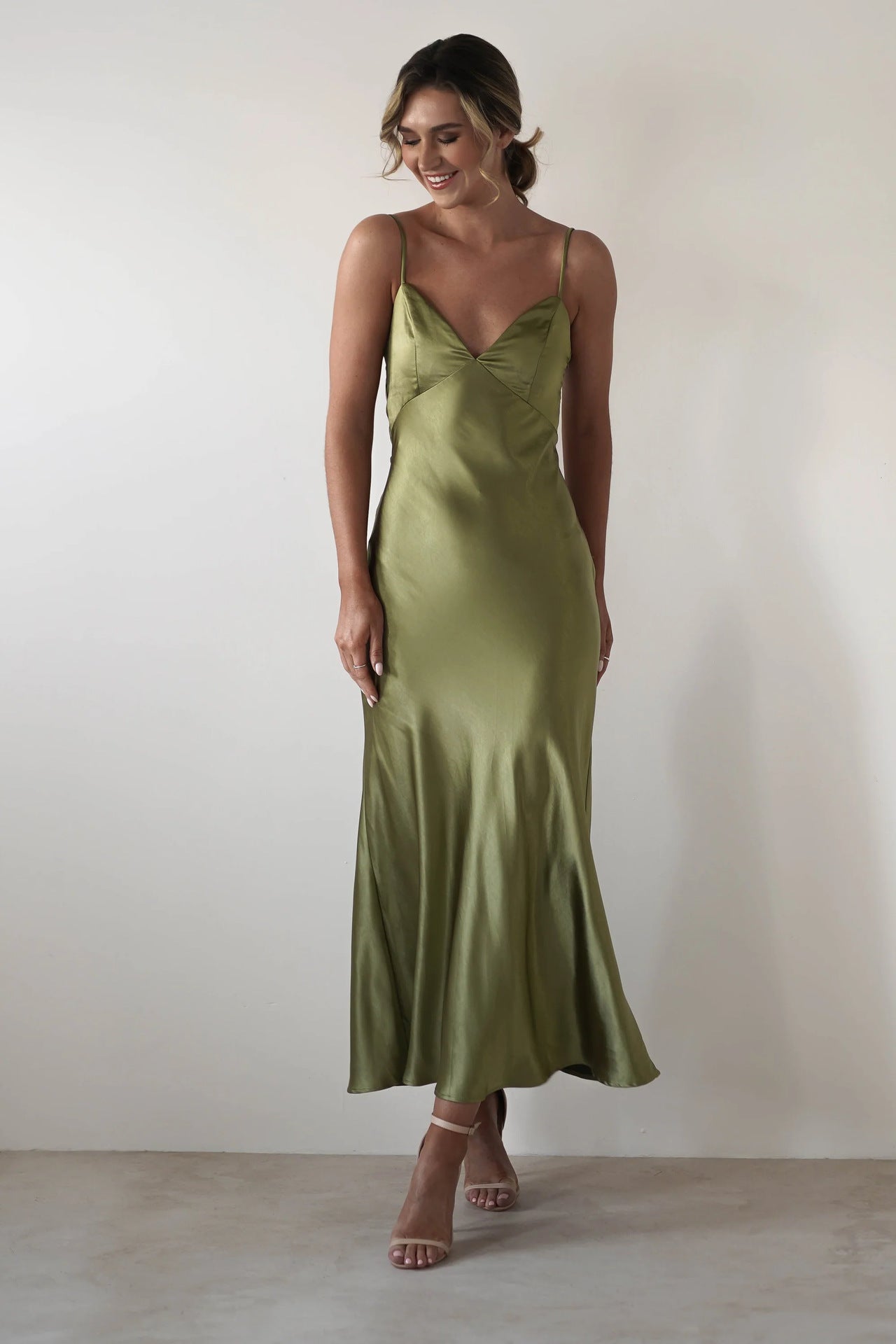 Satin V-Neck Spaghetti Strap Wedding Guest Maxi Dress for Women