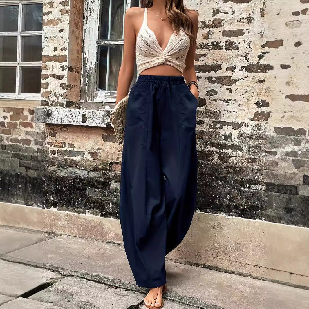 Wide Leg Linen Trousers with Side Pockets for Women