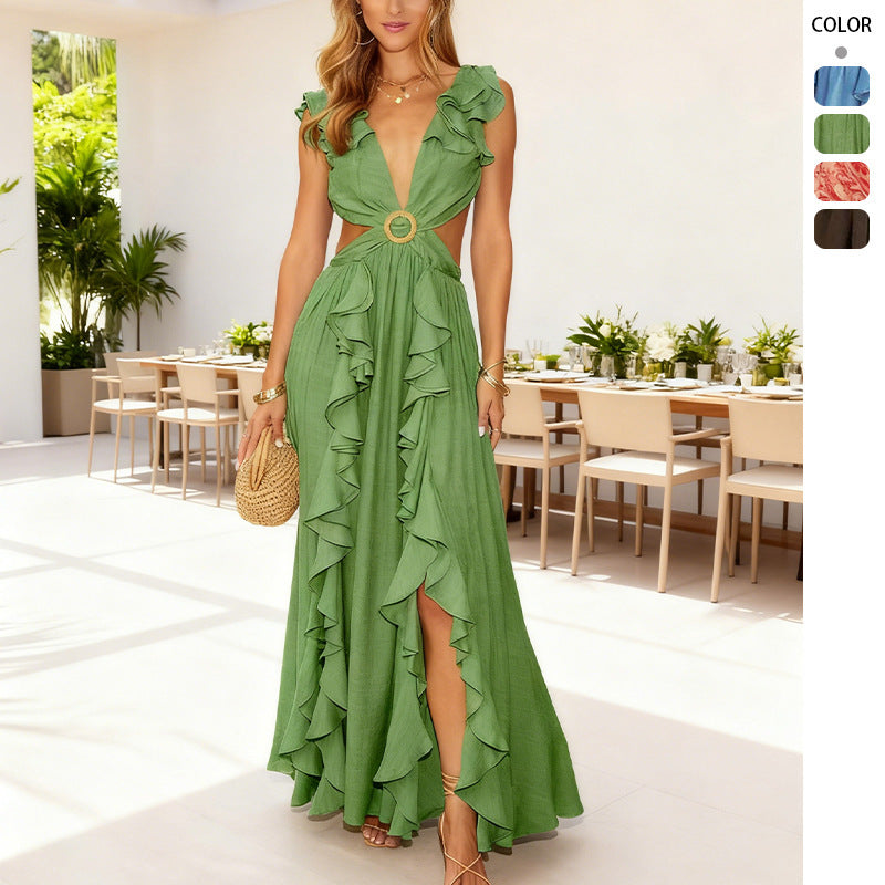 Deep V-Neck Wedding Guest Maxi Dress with Ruffle Details for Women