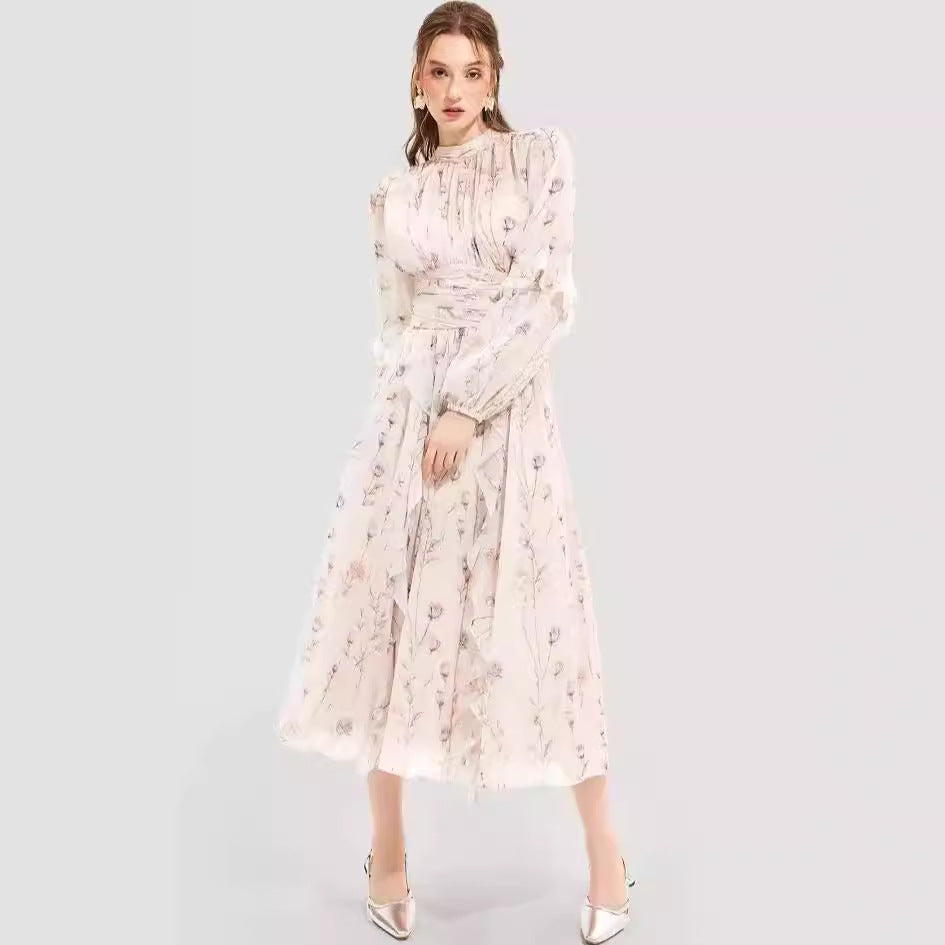 Long Sleeve Floral Midi Dress with Ruffled Hem for Women