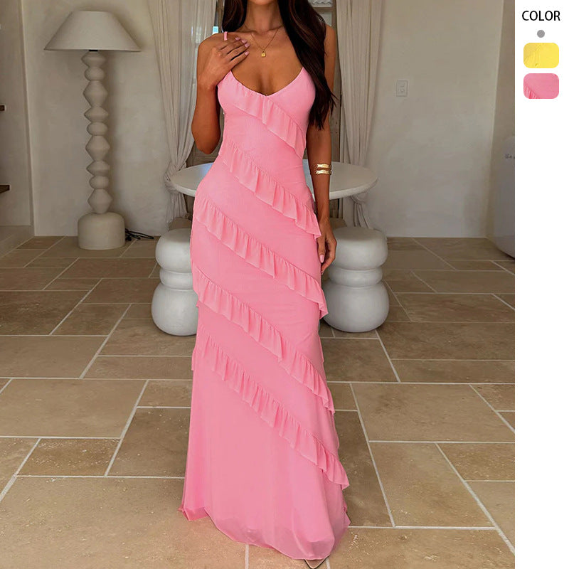 V-Neck Wedding Guest Maxi Dress with Ruffle Detail for Women
