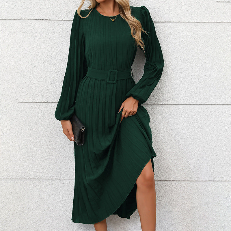 Pleated Midi Dress with Belted Waist and Long Sleeves for Women