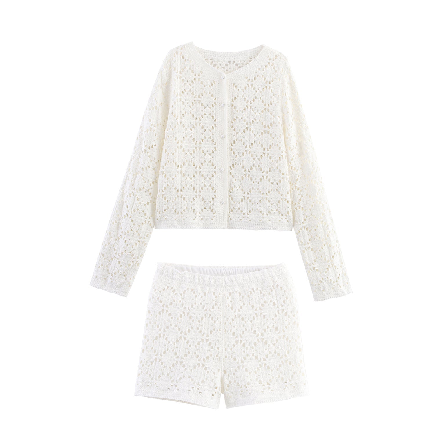 Cropped Crew Neck Crochet Co-Ord Shorts Set for Women