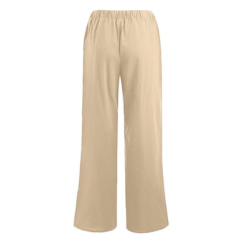 Straight Leg Linen Trousers with Drawstring Waist for Women