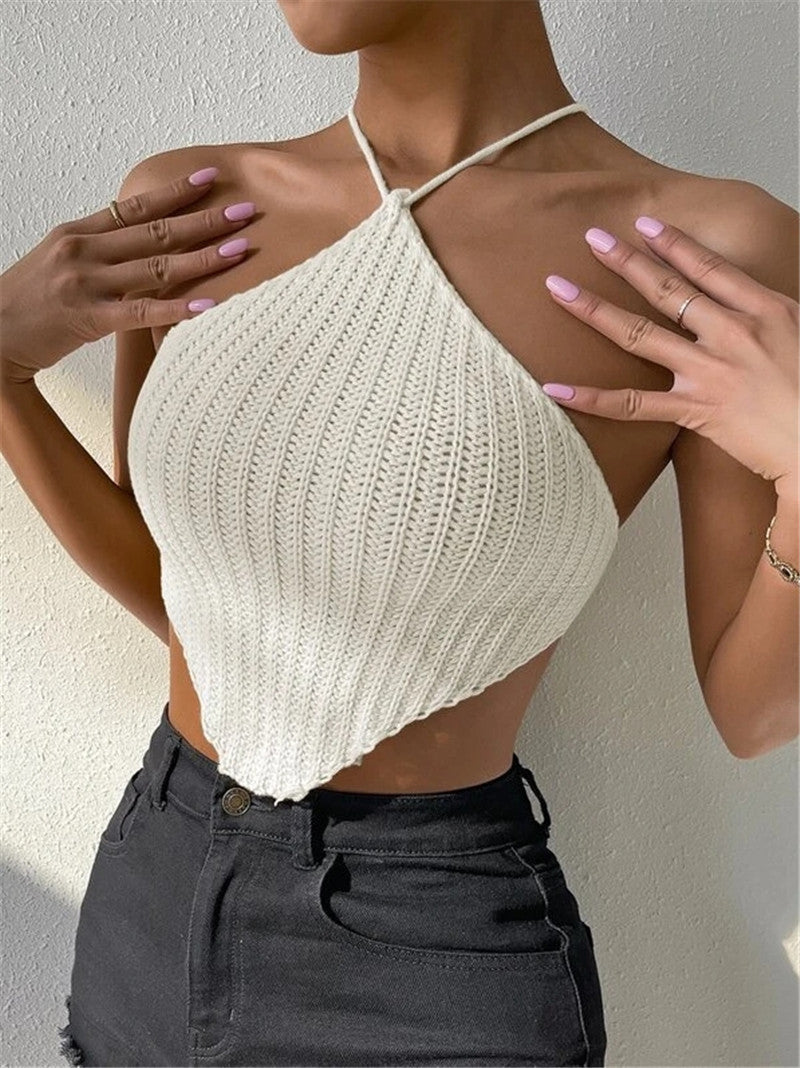 Halter Neck Ribbed Crochet Crop Top for Women