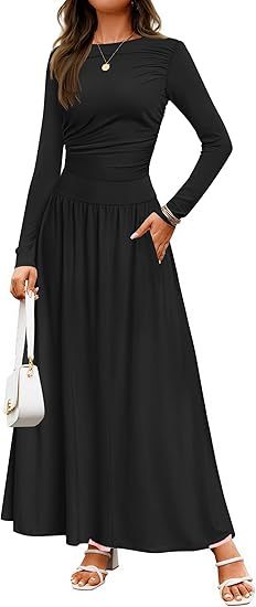 Long Sleeve Wedding Guest Maxi Dress with Pockets for Women