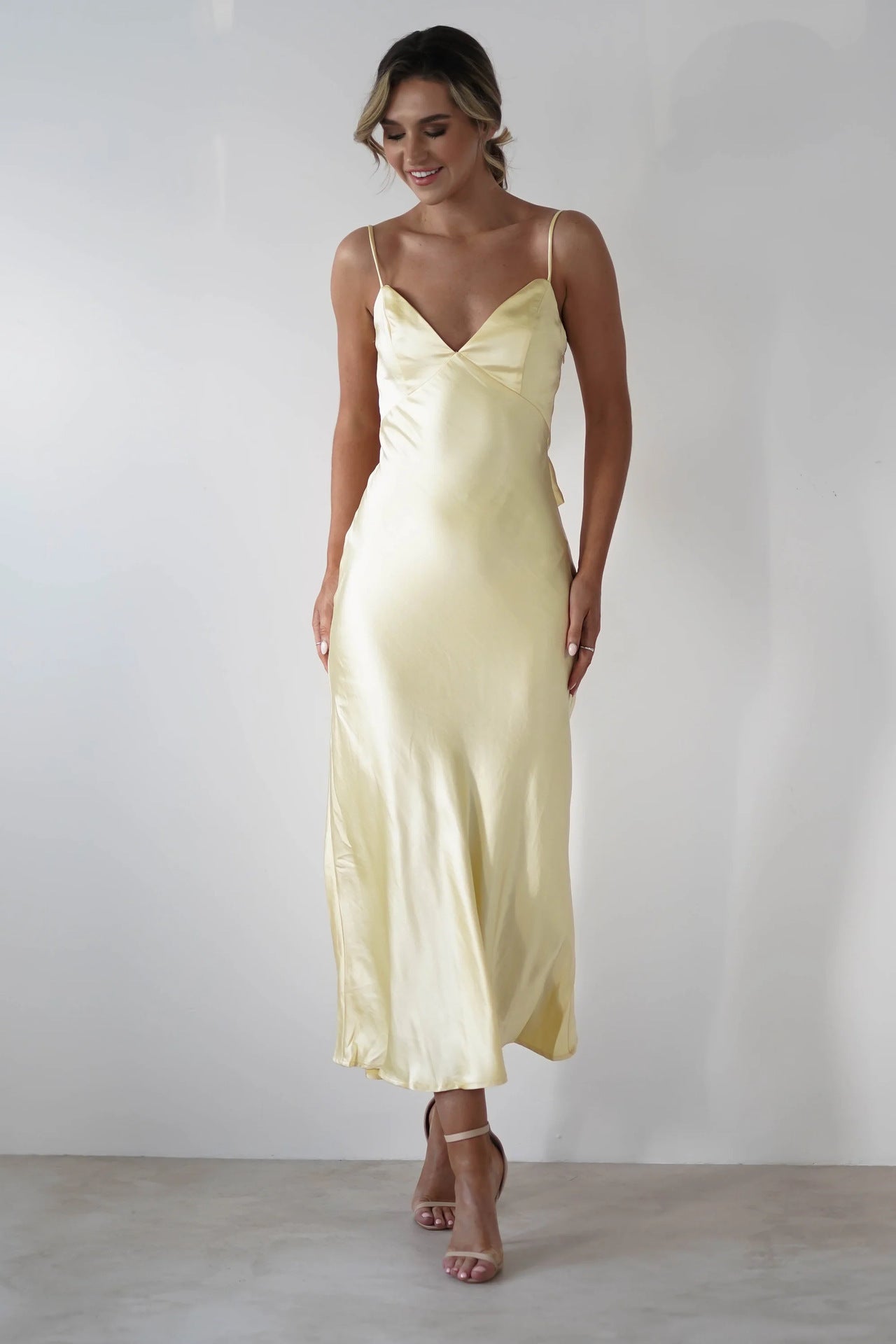 Satin V-Neck Spaghetti Strap Wedding Guest Maxi Dress for Women