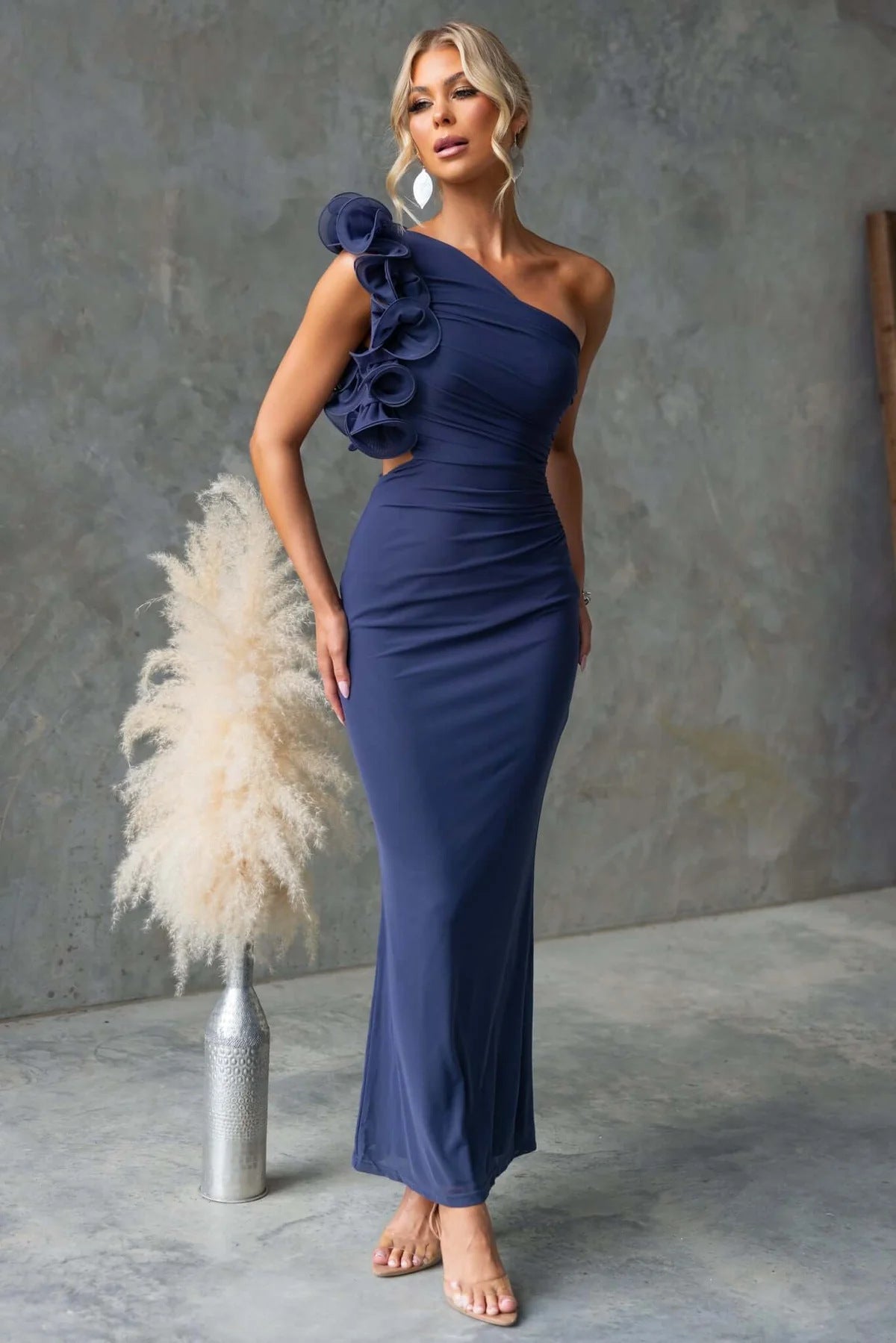 One-Shoulder Ruffled Wedding Guest Maxi Dress for Women