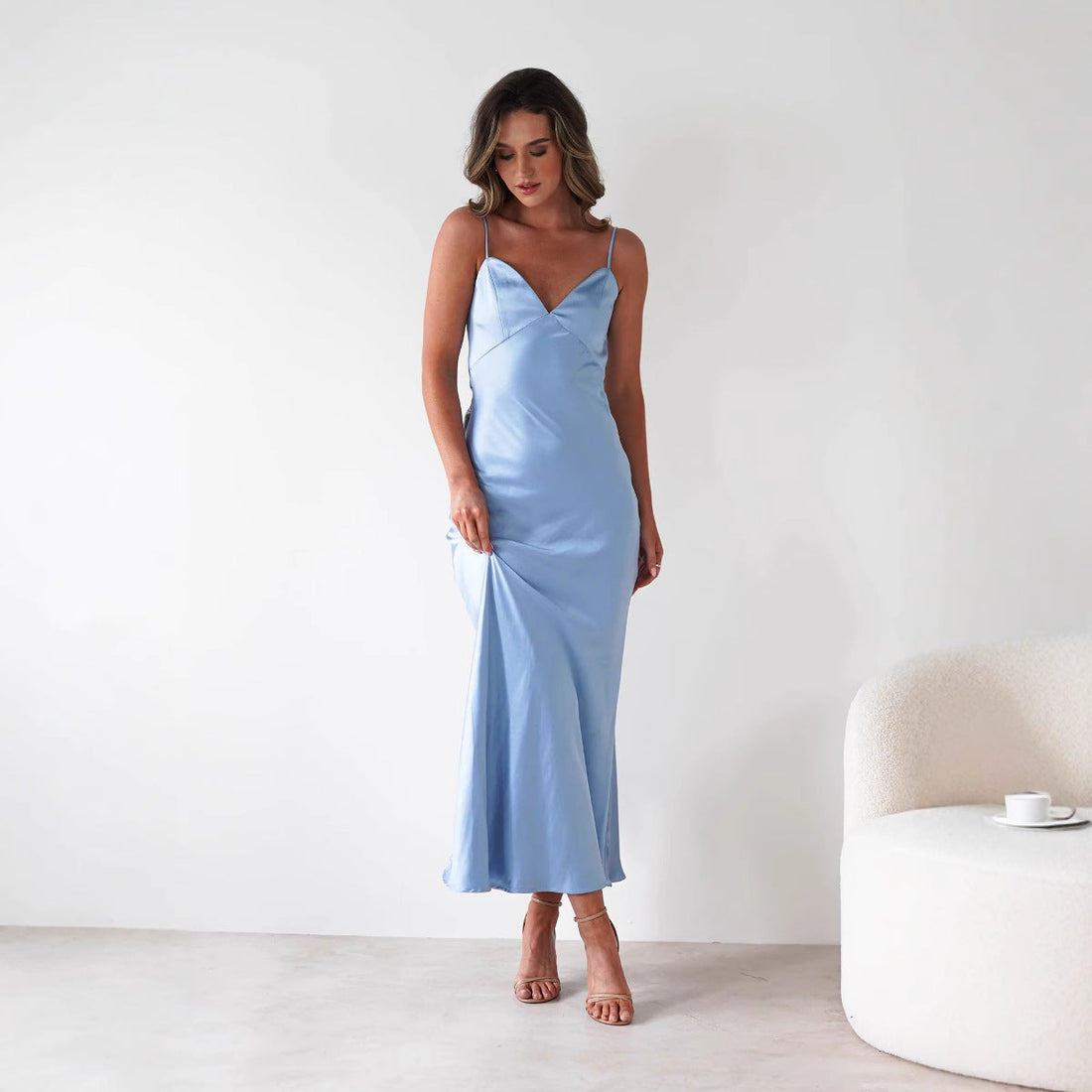 Satin V-Neck Spaghetti Strap Wedding Guest Maxi Dress for Women