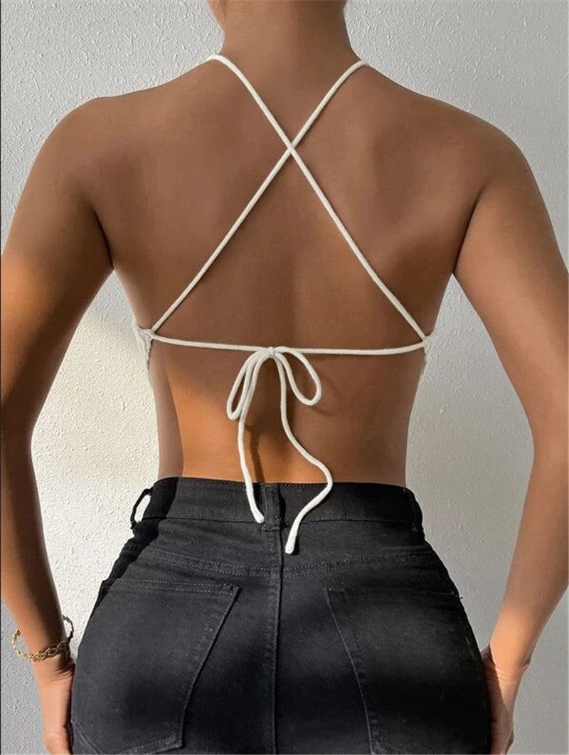 Halter Neck Ribbed Crochet Crop Top for Women