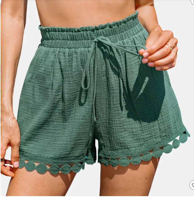 Relaxed Fit Linen Shorts with Scalloped Hem for Women