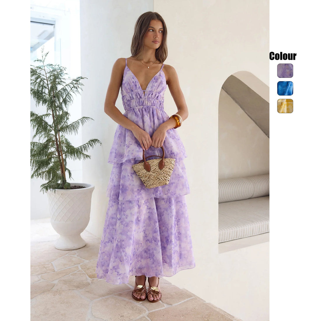 V-Neck Wedding Guest Maxi Dress with Tiered Ruffle for Women
