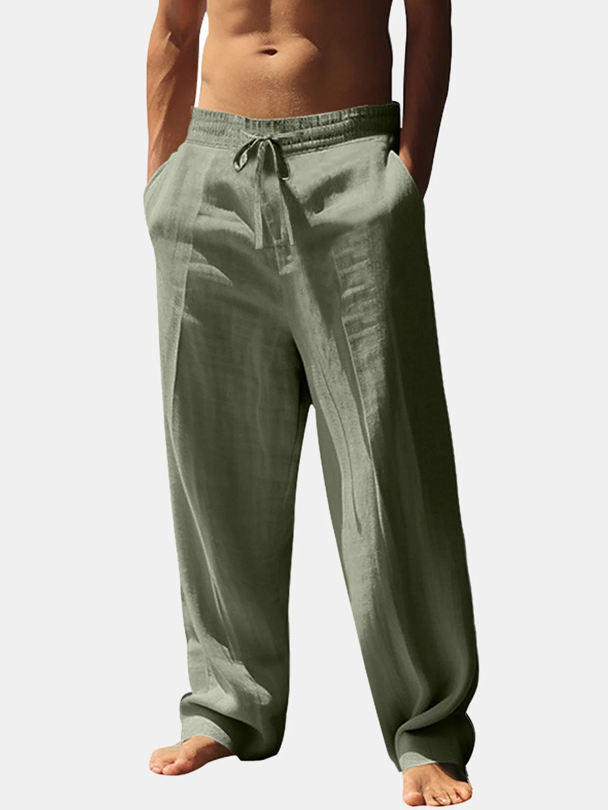 Linen Trousers with Elastic Waistband and Side Pockets for Men