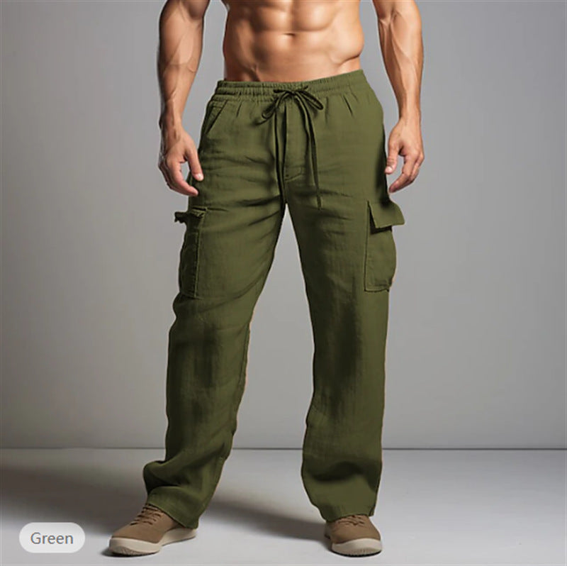 Relaxed Fit Linen Trousers with Cargo Pockets for Men