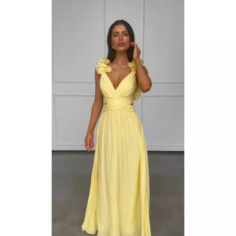 Wedding Guest V-Neck Puffed Sleeve Maxi Dress for Women