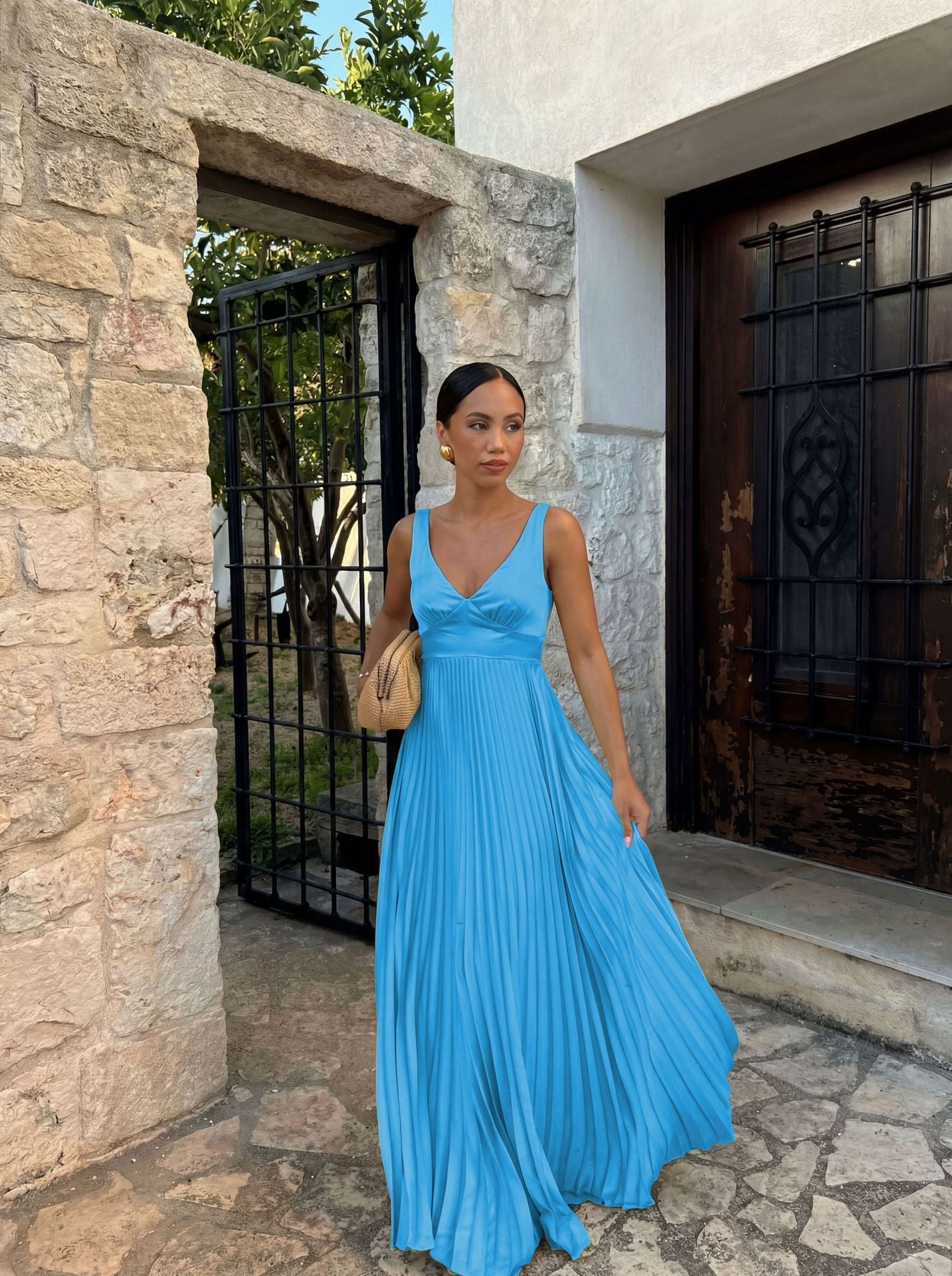 Pleated V-Neck Wedding Guest Maxi Dress for Women