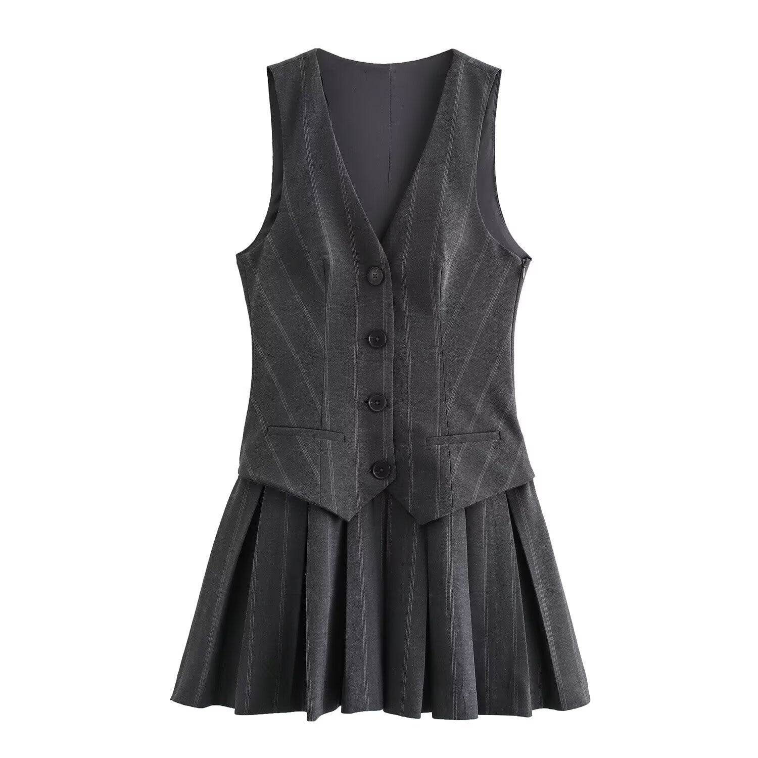 Pleated Two Piece Gilet and Mini Dress Set for Women