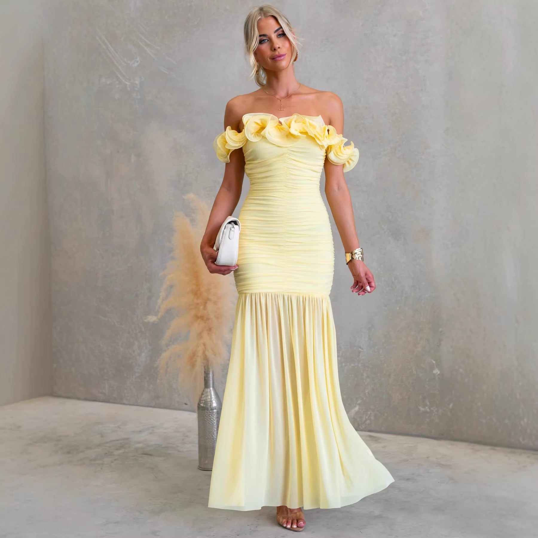 Off-Shoulder Wedding Guest Maxi Dress with Ruffle Details for Women