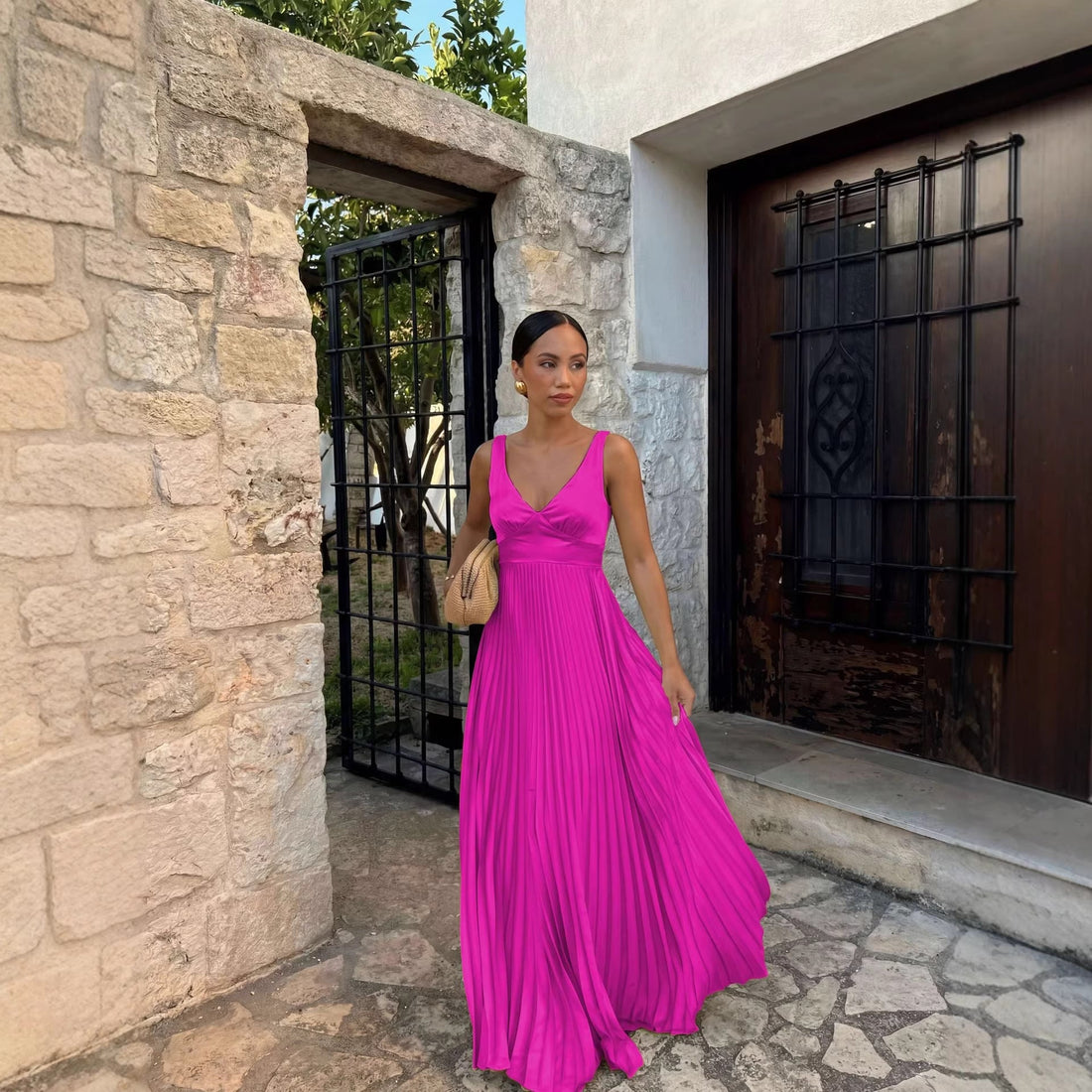 Pleated V-Neck Wedding Guest Maxi Dress for Women