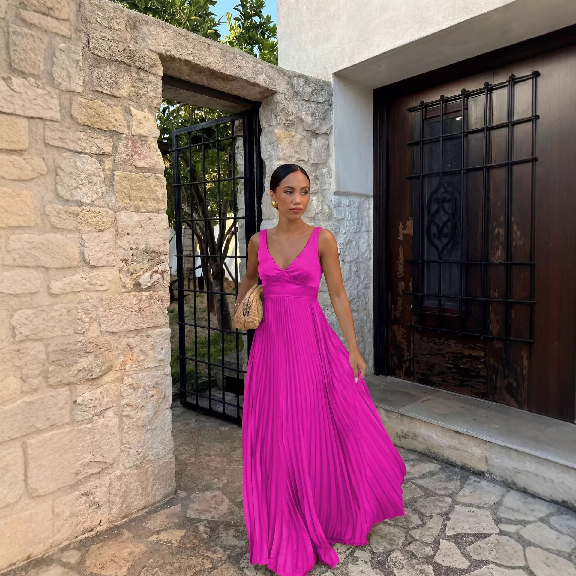 Pleated V-Neck Wedding Guest Maxi Dress for Women
