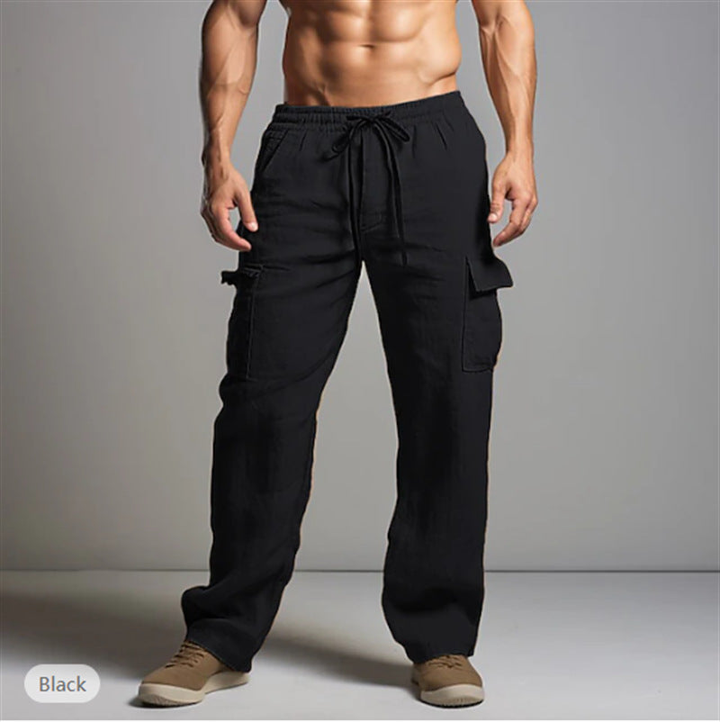Relaxed Fit Linen Trousers with Cargo Pockets for Men