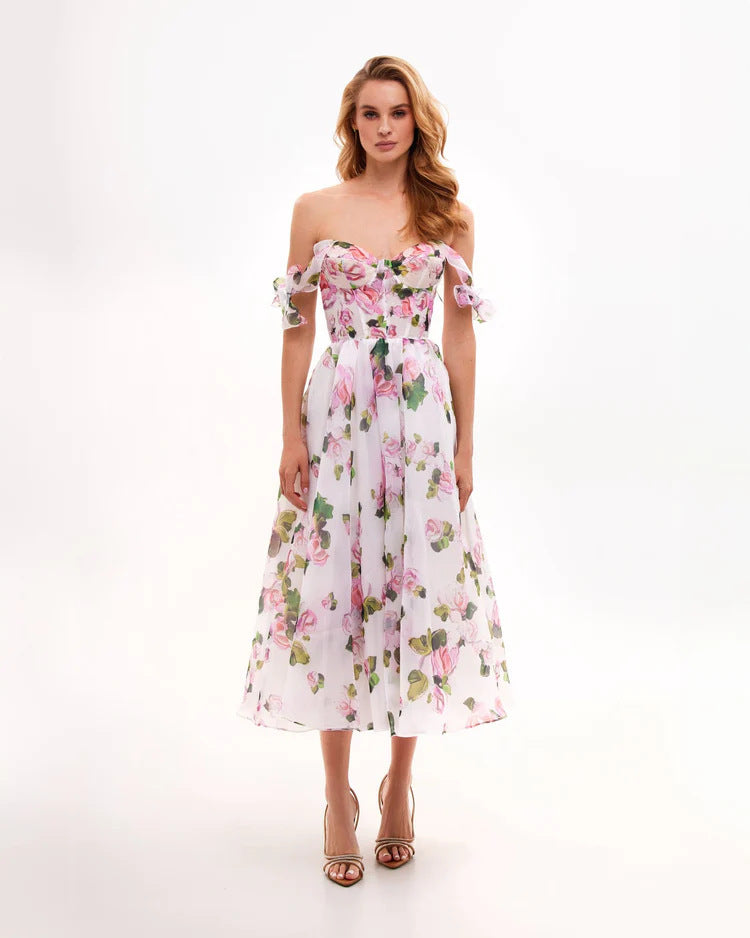 Sweetheart Neckline A-Line Midi Dress with Tie Straps for Women