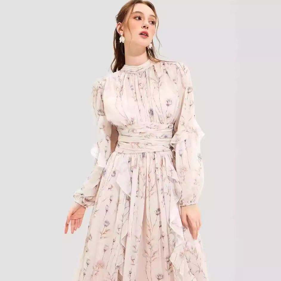 Long Sleeve Floral Midi Dress with Ruffled Hem for Women