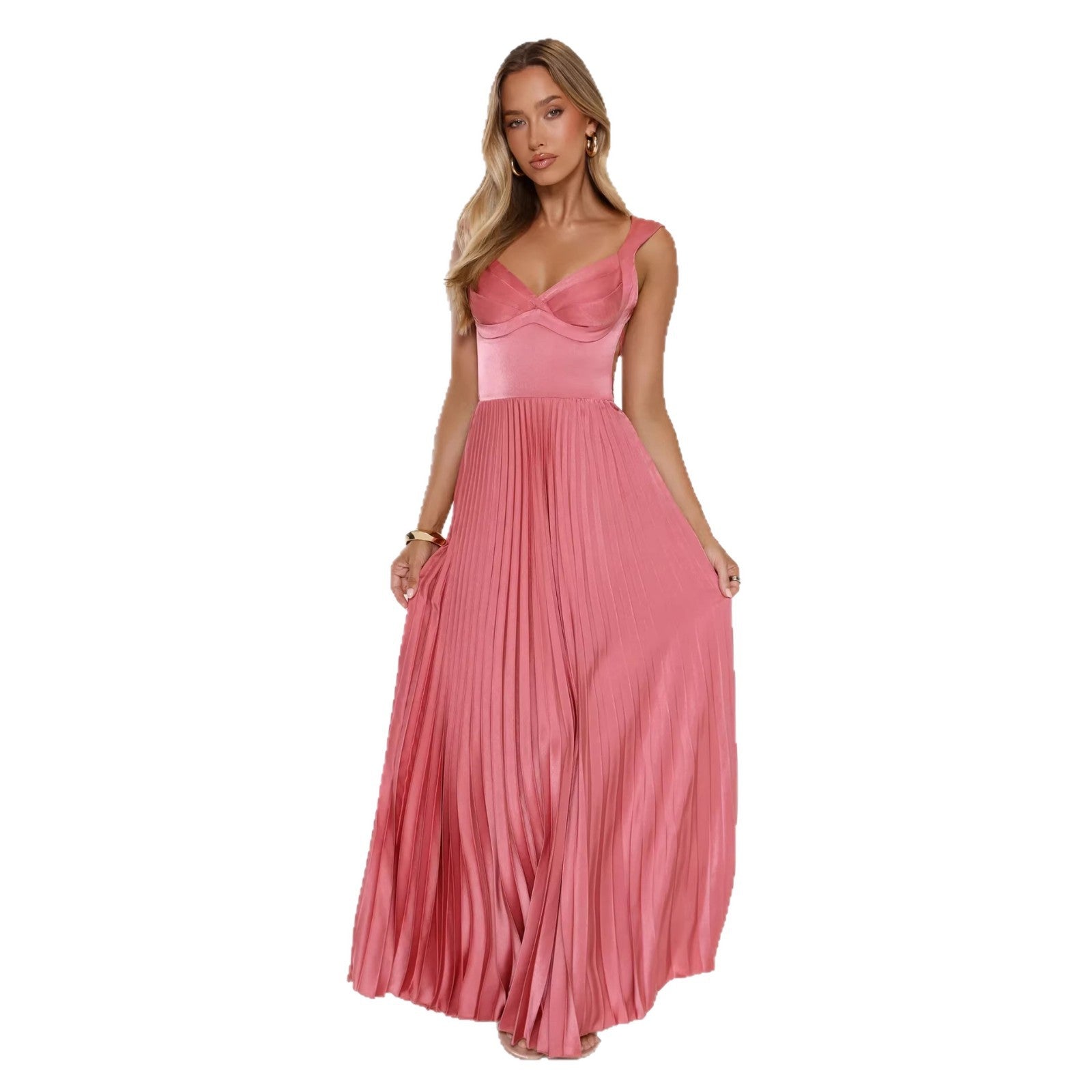 Pleated V-Neck Wedding Guest Maxi Dress for Women
